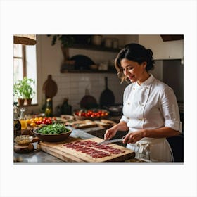 Candid Shot Of A Sophisticated Female Chef Just Slicing Up The Buttery Raw Bacon For A Tasting Ital (2) Canvas Print