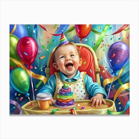 Baby Celebrating First Birthday With Cake And Balloons Canvas Print