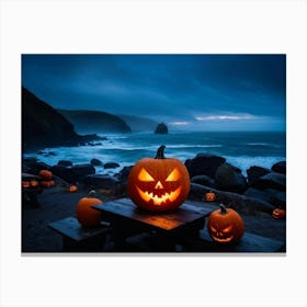 Coastline Celebration Captured At Dusk A Single Jack O Lantern With A Carved Face Glowing Eerily On (2) Canvas Print