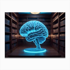 A Glowing, Blue Brain Model, Displayed On A Pedestal In A Dimly Lit Library With Wooden Bookshelves Filled With Books Canvas Print