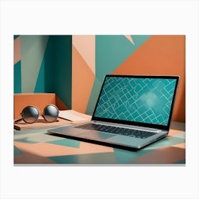 A Modern Laptop And Sunglasses On A Stylized Surface, With Geometric Shapes And Lighting Canvas Print