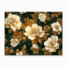 Luxury Floral Pattern with Flowers Elegant Texture Illustration in Golden, Green, White and Black Canvas Print