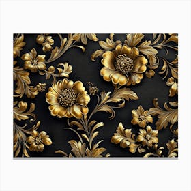 Golden Floral Background, Luxury Floral Damask With Flowers Golden And Black Elegant Leather Base Canvas Print