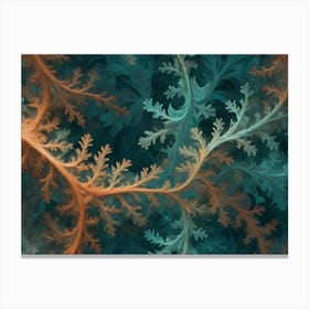 An Abstract Design With Swirling, Orange Tendrils On A Teal Background 2 Canvas Print