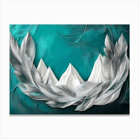 Vibrant 3d Abstract Teal Background Shimmering Silver Feathers Bold Volcanic Peaks Modern 1 Canvas Print