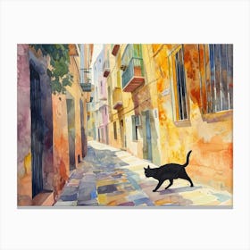 Malaga, Spain   Cat In Street Art Watercolour Painting 1 Canvas Print