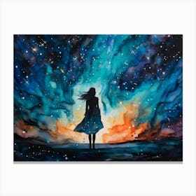 Watercolor Of A Woman Silhouette Infused With The Cosmos Standing Before The Vastness Of The Unive Canvas Print