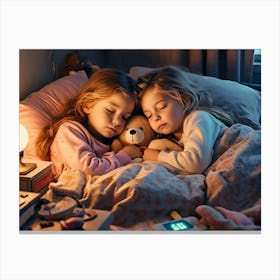 Two Girls Sleeping In Bed Canvas Print