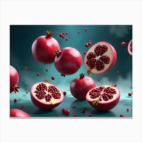 Pomegranates, Whole And Sliced, Falling Or Levitating Above A Reflective Surface Canvas Print