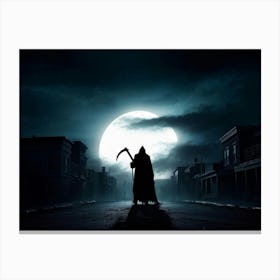 Silhouette Of A Sinister Reaper Scythe Raised Standing Against A Backdrop Of A Full Moon On Hallow (1) Canvas Print