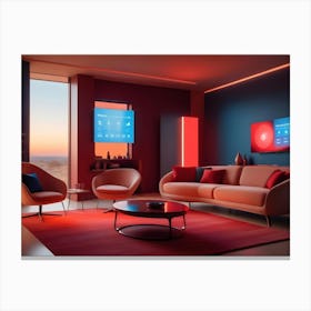 A Modern Living Room Interior With A Red Sofa, Two Armchairs, And A Smart Home System Canvas Print