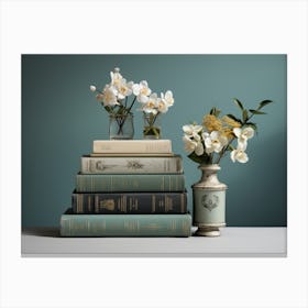 Stack Of Books and flowers on table Canvas Print