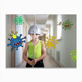 The boy fights the virus and bacteria. Canvas Print