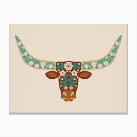 Floral Longhorn   Brown And Turquoise Canvas Print
