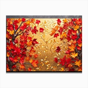 Bright Botanical Art Featuring Fall Foliage Vibrant Red Orange And Neon Colors Framing A Golden M (2) Canvas Print