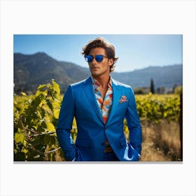 A Fashionable Businessman In A Playful Summer Setting His Sunglasses Reflecting The Mountain Filled (2) Canvas Print