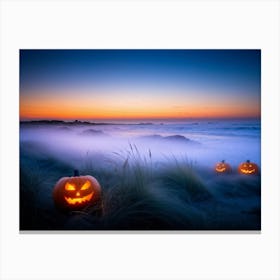 Jack O Lanterns With Eerie Glows Emanating A Soft Light Scattered Along A Desolate Shoreline Early Canvas Print