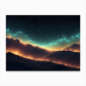 A Digital Illustration Of A Dark, Mountainous Landscape With Glowing, Golden Light Emanating From The Peaks, Set Against A Starry Night Sky With A Swirling Nebula Canvas Print