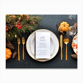 A Detailed Close Up Illustration Captures An Autumnal Table Setting Festive Dinner Arrangement Taki (5) Canvas Print