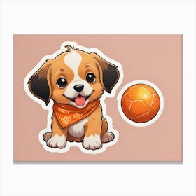 A Cartoon Illustration Of A Cute Puppy Wearing A Red Bandana And Holding A Ball Canvas Print