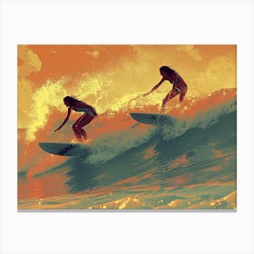 Two Surfers Riding A Wave Canvas Print