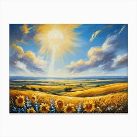 A Sun Drenched Pastoral Scene Unfolds Featuring Towering Sunflowers Reaching For The Bright Golden Canvas Print