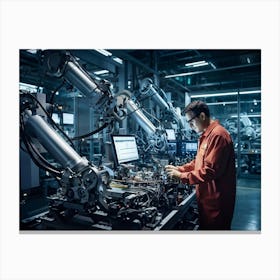 An Artificial Intelligence Engineer Immersed In A High Tech Manufacturing Factory Examining The Com (1) 2 Canvas Print