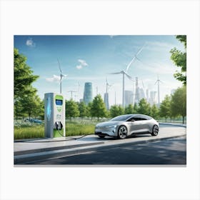 Electric Vehicle Charging At A Sustainable Energy Station In An Urban Setting Illustrative Logo Des Canvas Print