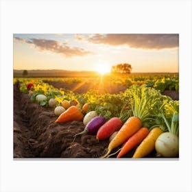 A Variety Of Fresh Vibrant Vegetables Sprouting From Rustic Soil Bathed In The Golden Hour Sunligh (4) Canvas Print