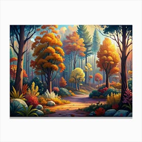 Autumn Forest Scene With A Path And Colorful Trees Canvas Print