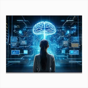 Abstract Cyber Concept Art Featuring A Human Brain At The Center Of Innovation Connected With Futur (2) Canvas Print