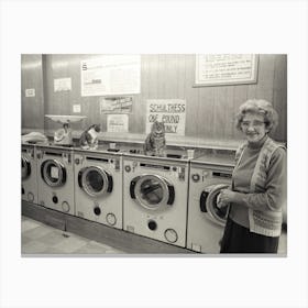 Lady And Cats In A Launderette Canvas Print