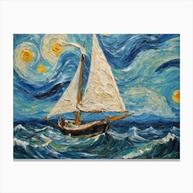 Sailboat In The Ocean With Sky And Stars Canvas Print