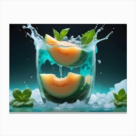 Two Slices Of Melon Are In A Glass Of Water, Surrounded By Ice And Basil Canvas Print