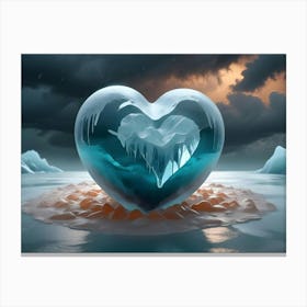 A Blue Heart Shaped Sculpture Made Of Ice With A Smaller Heart Shaped Cavity Inside, Set On A Frosted Terrain With A Dramatic Sky Canvas Print