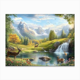 Nature Valley Meadow Beautiful Place Background with Mountains, Deer Animals, Flowers Canvas Print