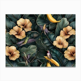 Tropical Exotic Seamless Pattern with Gold Hibiscus, Hummingbirds, Protea Flowers, Vintage Banana Leaves, Palm Leaves Canvas Print