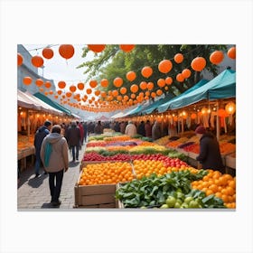 Lush Outdoor Market With Rows Of Fresh Produce And Colorful Lanterns Canvas Print