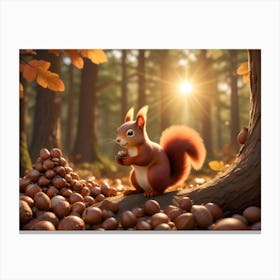 Red Squirrel With Acorns In An Autumn Forest Canvas Print