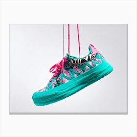 Turquoise And Pink Sneaker Suspended In Mid Air Intricate Bold Patterns Embellishing The Fabric Fl Canvas Print