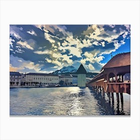 Lucerne, Scenic View of a Historic Bridge and Tower by the Water. This image depicts a picturesque scene featuring a historic wooden bridge extending over a calm body of water, leading to a distinctive tower. The background showcases a dramatic sky filled with dynamic clouds and a mountain range, adding depth and grandeur to the scene. The buildings along the waterfront and the reflections in the water enhance the overall aesthetic appeal, making it a visually captivating and serene landscape. Canvas Print