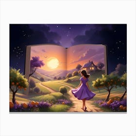 Woman Walking Toward A House On A Hillside With A Book Opening Behind Her 4 Canvas Print