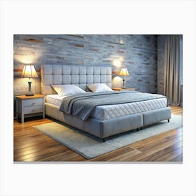 Bedroom Interior With Grey Bed, Brick Wall, And Wooden Flooring Canvas Print