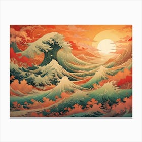 A Digital Painting Of A Japanese Inspired Landscape With Large, Stylized Waves And A Setting Sun Canvas Print