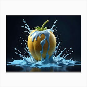 A Yellow Bell Pepper Covered In Blue Paint And Surrounded By Blue Paint Splatters On A Dark Blue Background Canvas Print