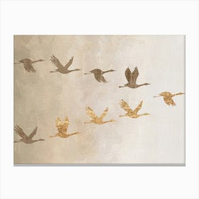 Beige Gold Japanese Flying Birds Artwork Canvas Print