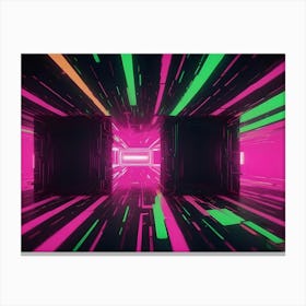 Abstract Image Of A Futuristic, Neon Lit Tunnel With Glowing Green And Pink Lines, Resembling A Digital Portal Or A Gateway To Another World Canvas Print