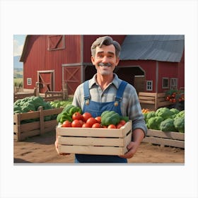 Smiling Farmer Holding A Crate Of Fresh Vegetables In Front Of A Barn Canvas Print