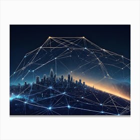 Abstract Image Of A City Skyline Enveloped In A Glowing, Network Of Lines And Dots, Representing A Digital City Or A Network Of Connections Canvas Print