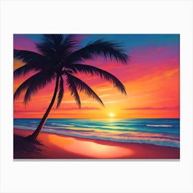 A Tranquil Beach At Sunset Horizontal Illustration 28 Canvas Print